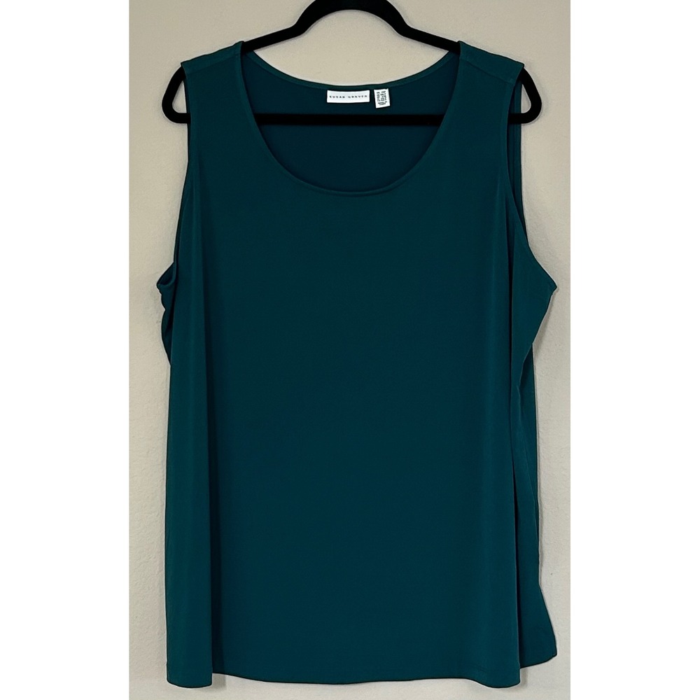 Susan Graver Liquid Knit Tank Top Dark Teal Green Scoop Neck Sleeveless Shell XL